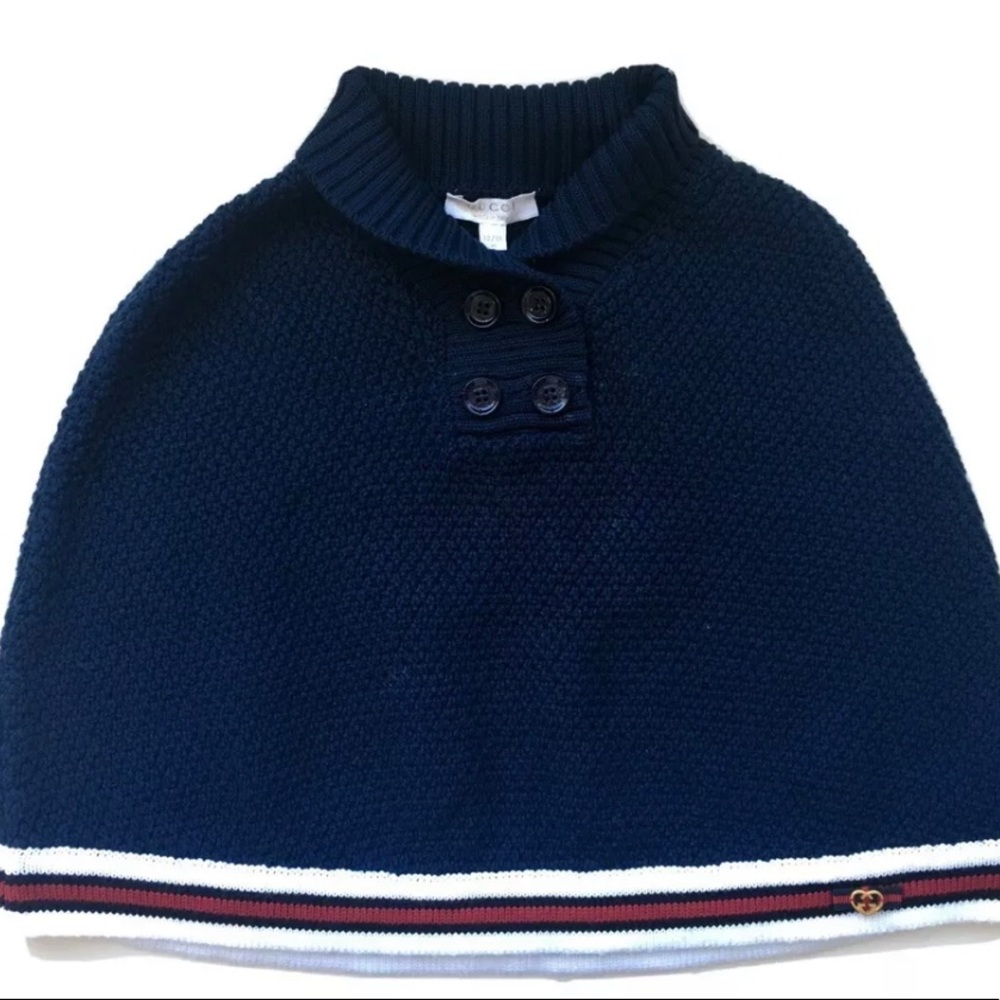 Gucci Baby Navy Blue Knitted Cape w/ Red & White Stripe